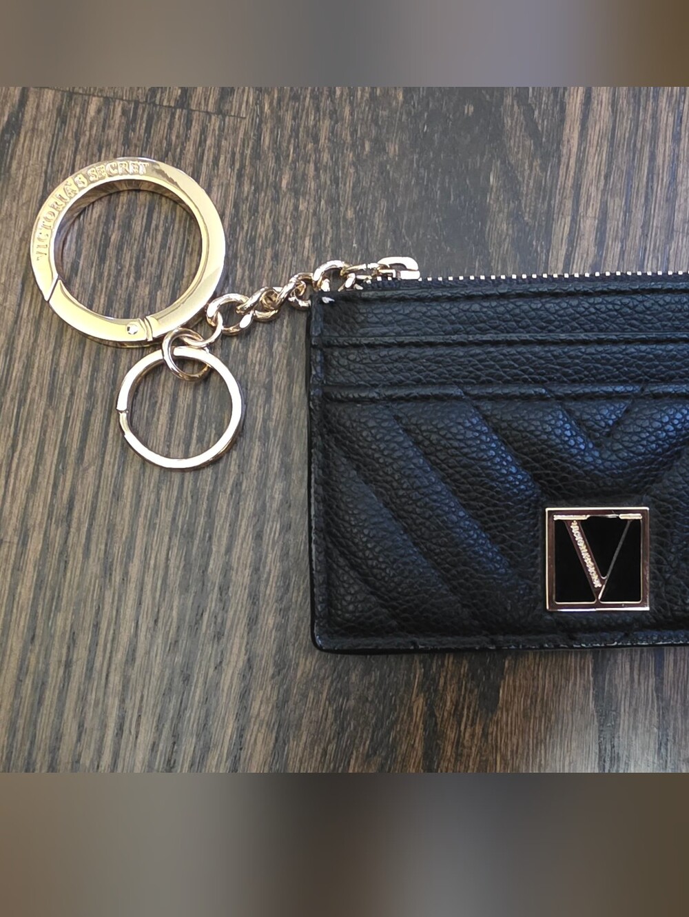 Victoria's Secret Black Faux Leather ID Document Card Holder Keyring Wallet